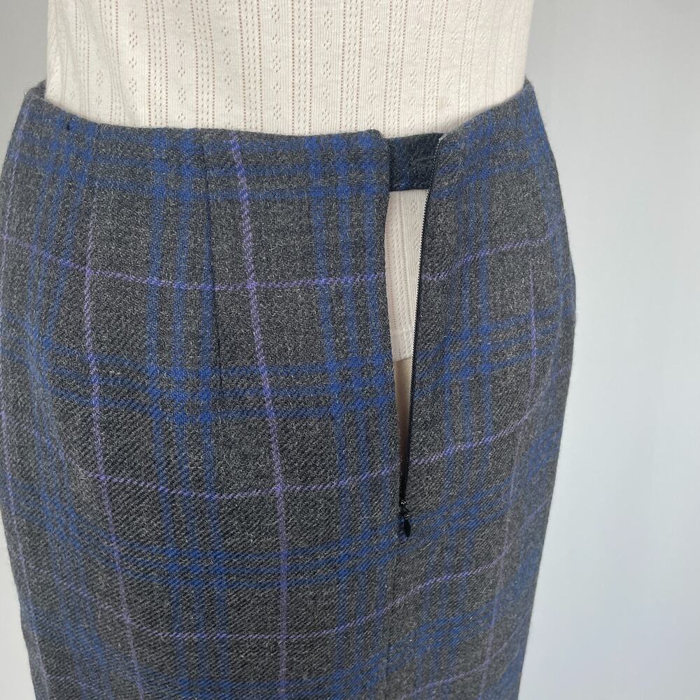 Vintage Midi Skirt Size 8 Grey Blue Plaid Tartan Wool Asymmetrical Academia 90s - Picture 8 of 14